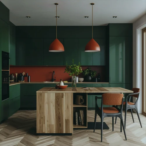 Green kitchen with a timber island and copper pendant lights